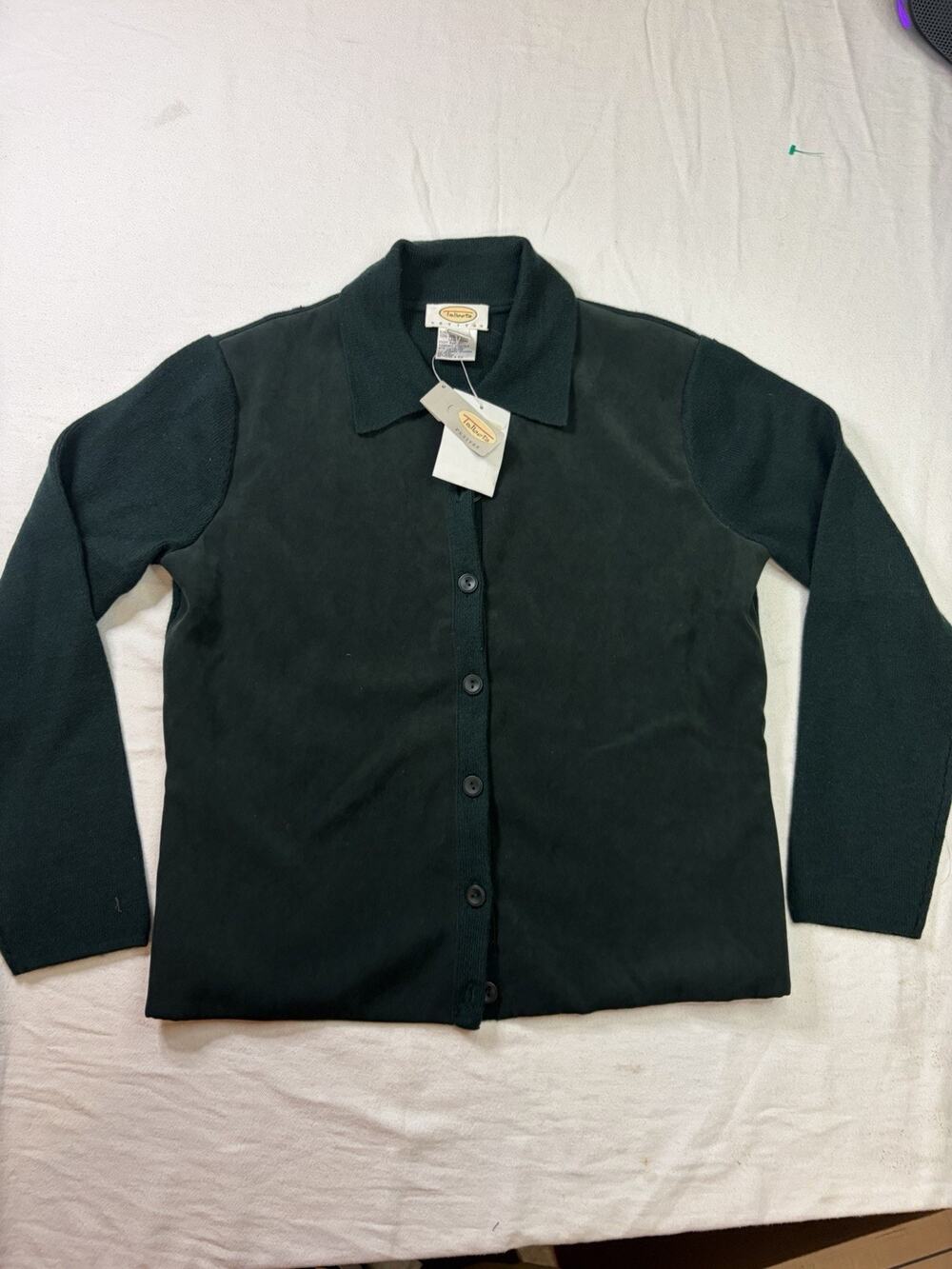 Talbots Cardigan Women’s Petite S Green Merino Wool Mixed Media Button Up